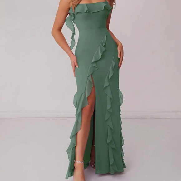 Brand New Barbie x Azazie Chiffon Ruffle Column Dress with Leg Slit Eucalyptus - Picture 3 of 8